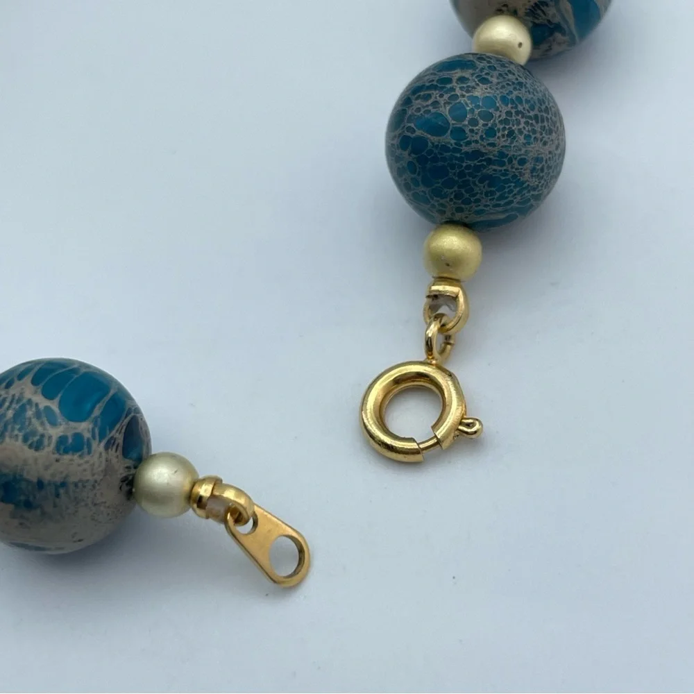 Gorgeous Blue Marbled Lucite Bead Necklace 30” Long Gold Tone Spacer Beads